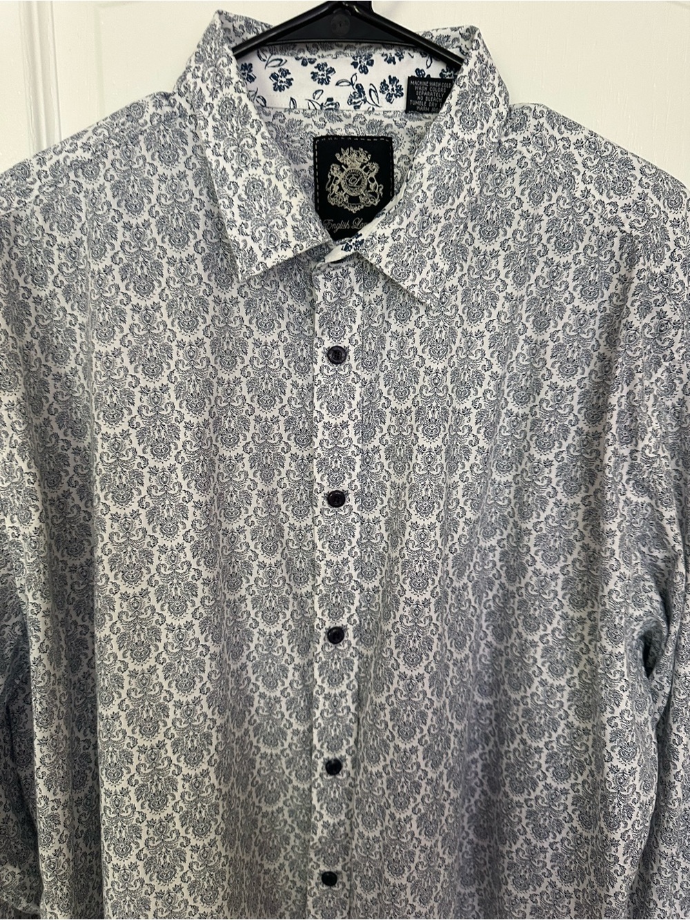 English Laundry Blue White Damask Long Sleeve Button Down Shirt